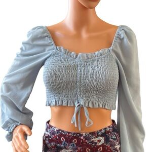 Better Be Pale Blue Smocked Tie-Front Crop Blouse